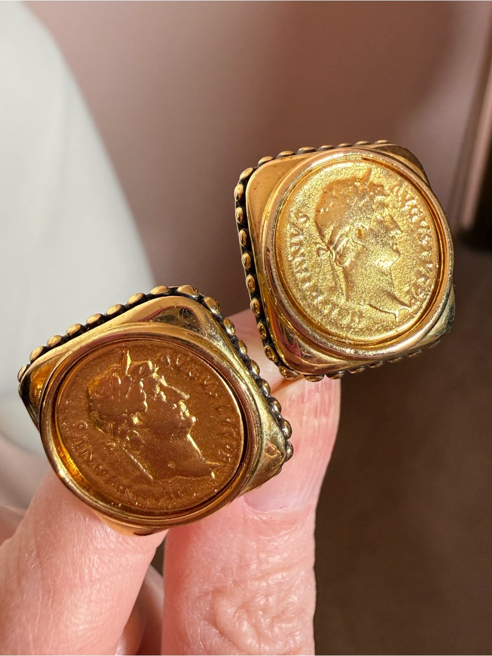 Vintage 1990’s Matte Gold Byzantine Julius Cesar Roman head Coin Clip Earrings
